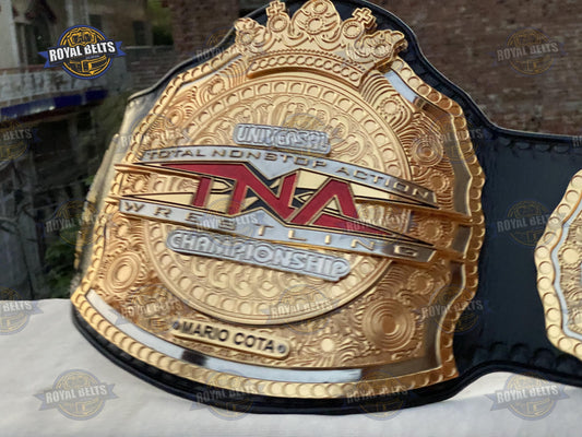 TNA Legends belt triple stacked with HD CNC gold center plates, engraved artwork, premium black leather strap Crafted by Royal Belts