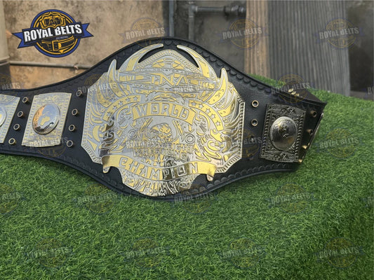 TNA Midwest Wrestling Championship Title Belt HD CNC with dual center plate, black leather strap, snap closure Manufacture by Royal Belts
