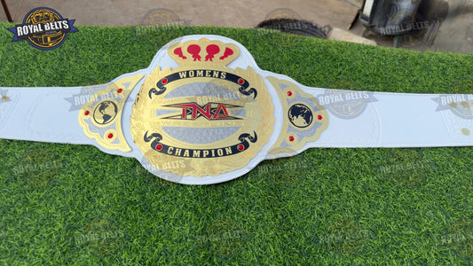 TNA Women’s Wrestling Title Belt with polished gold center plate and white leather strap Manufacture by Royal Belts