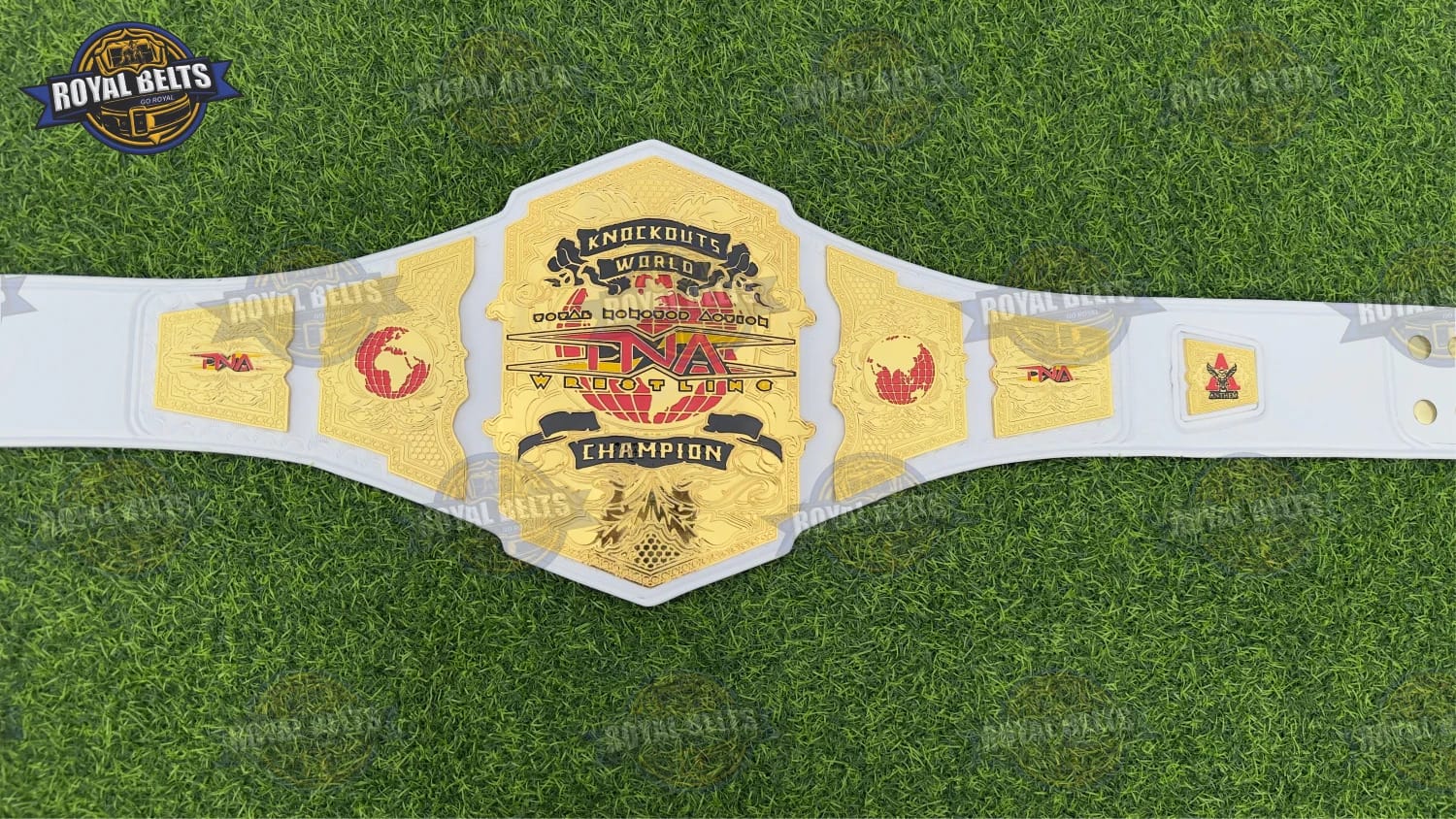 TNA Knockouts Title Belt featuring engraved Knockouts logo and mirror gold plates Designed by Royal Belts