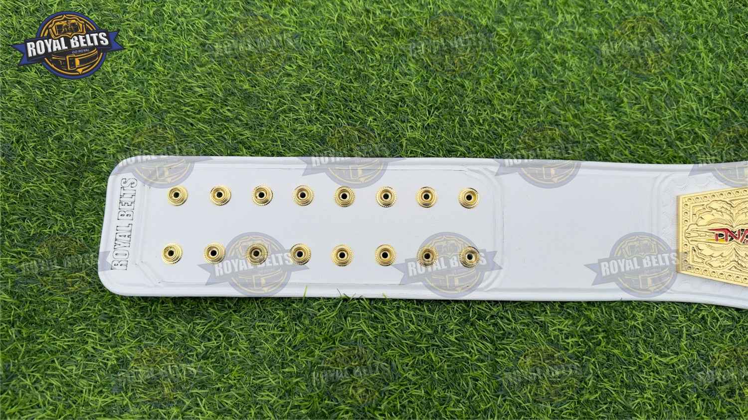 TNA World Knockouts Championship Title Belt with premium gold finish and white stitched leather