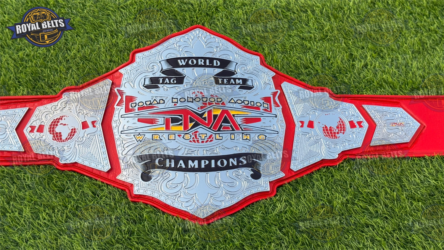 TNA World Tag Team Wrestling Championship Title Belt with polished nickel center plate and red leather strap Manufacture by Royal Belts
