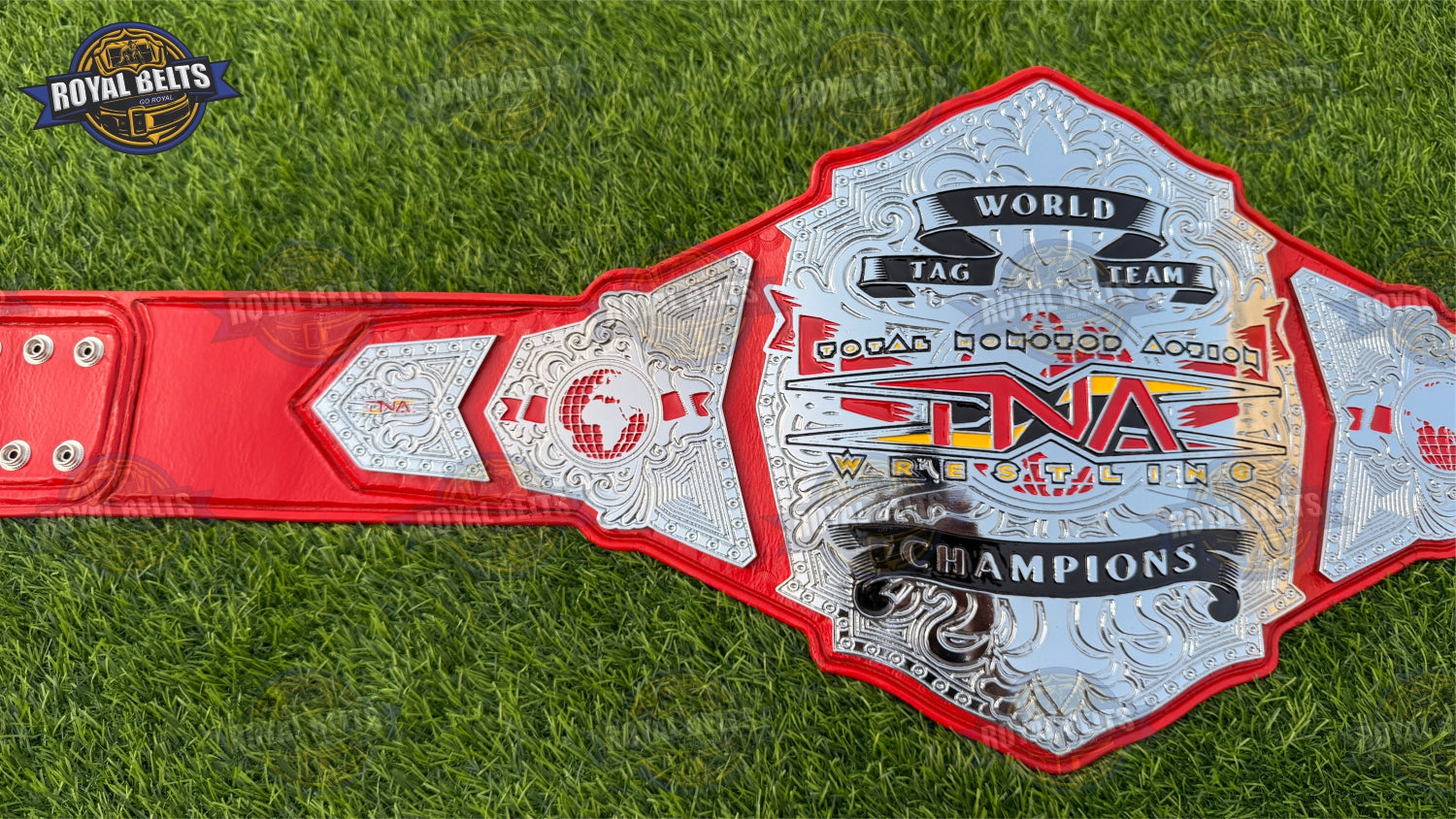 TNA World Tag Team Championship Belt featuring engraved logo and mirror finished nickel plates Designed by Royal Belts