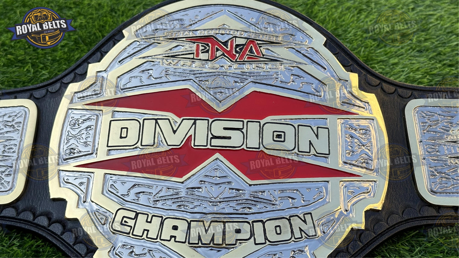 TNA X Division belt with layered dual center plate, deep engraved details, reinforced black leather strap Crafted by Royal Belts