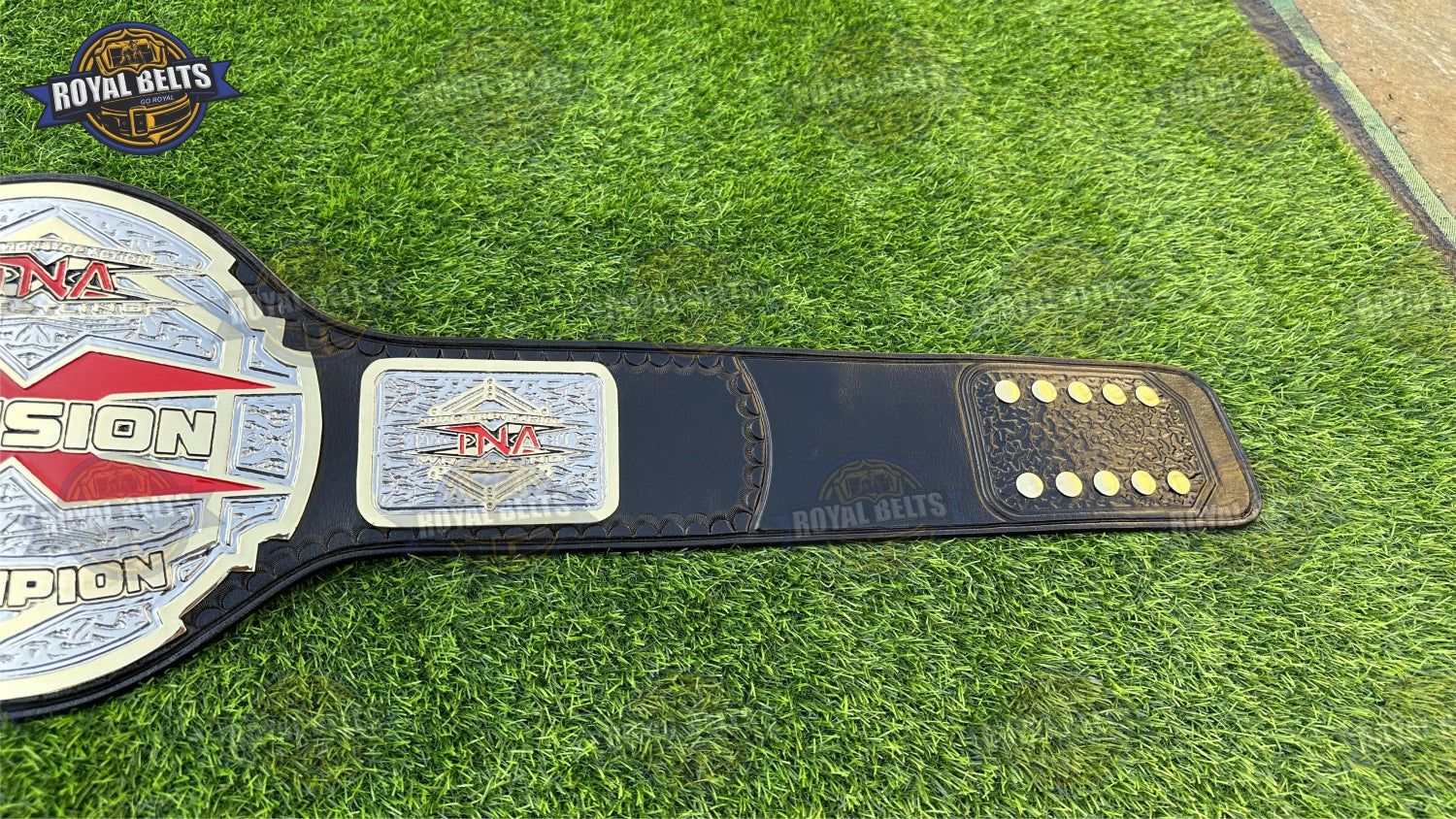 TNA X Division title belt with beveled dual plates, engraved lettering, adjustable stitched leather strap
