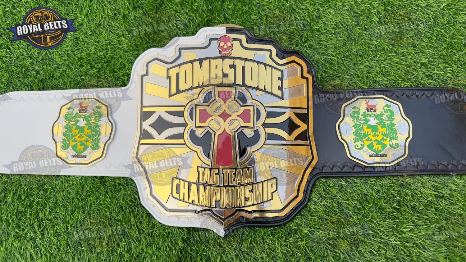 TOMBSTONE custom championship title belt with polished gold center plate , multi color leather strap Manufacture by Royal Belts