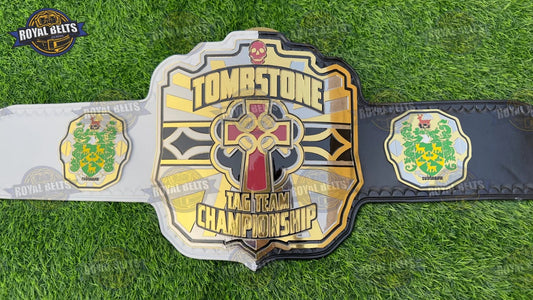 TOMBSTONE custom championship title belt with polished gold center plate , multi color leather strap Manufacture by Royal Belts