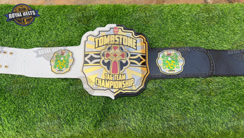TOMBSTONE championship title featuring engraved logo and mirror finished gold plates Designed by Royal Belts