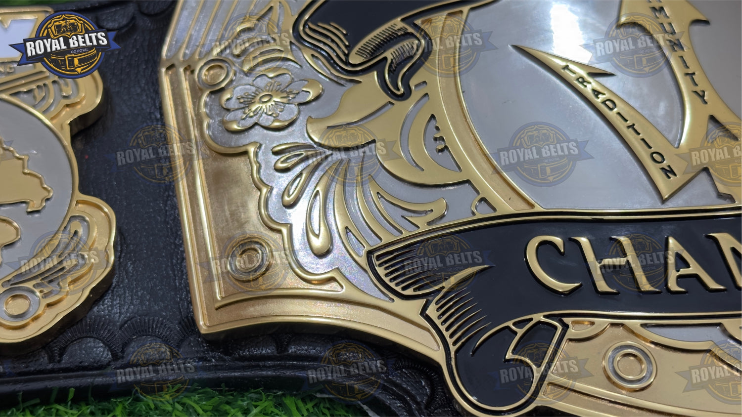 TSW heavyweight championship belt with raised lettering and polished gold center