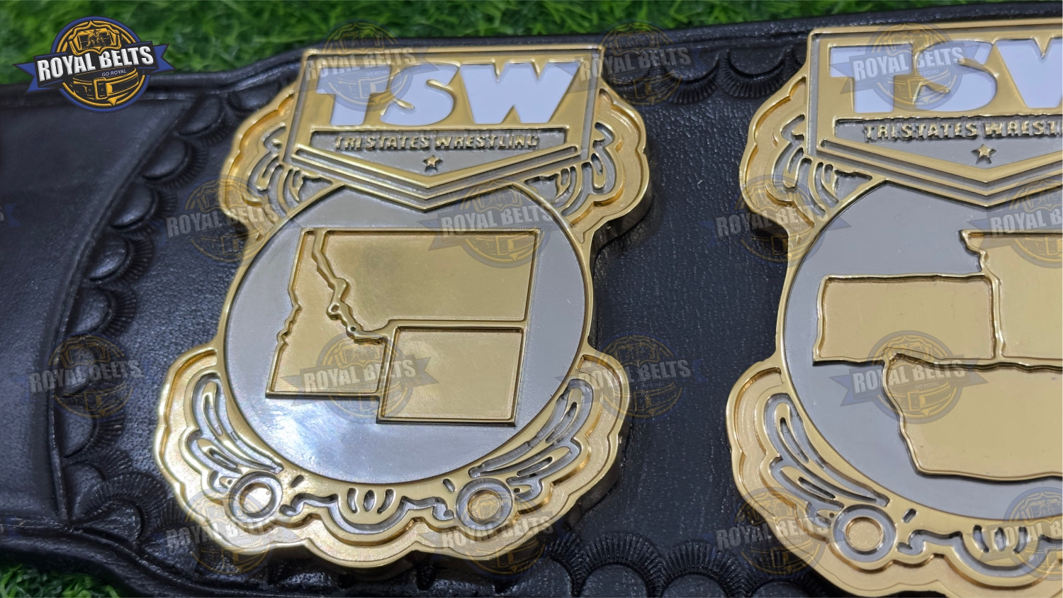 TSW heavyweight championship title belt with beveled gold edges and leather backing