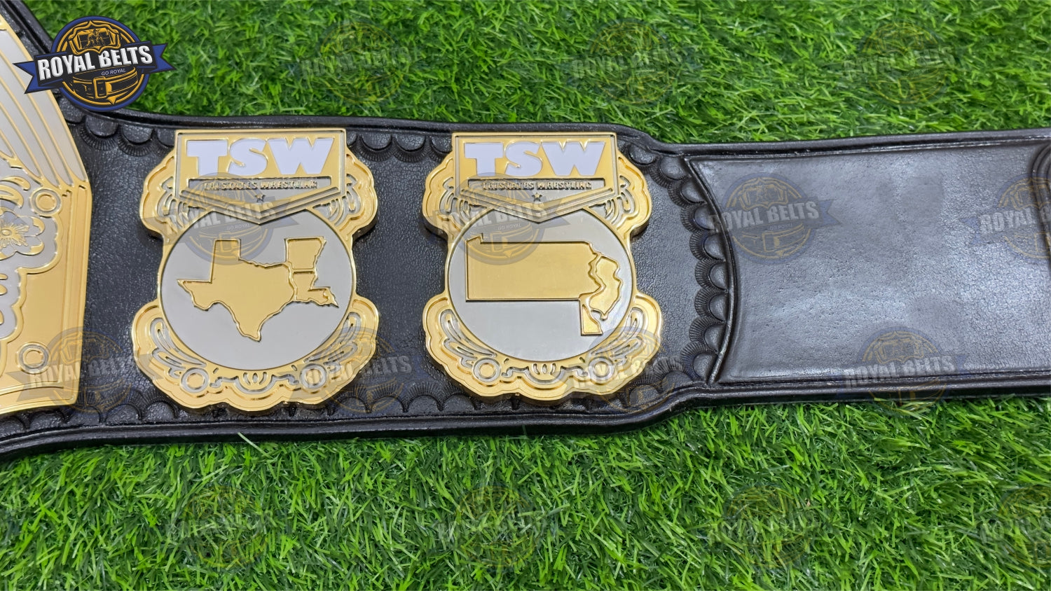 TSW heavyweight championship belt featuring mirror polished dual and stitched leather strap