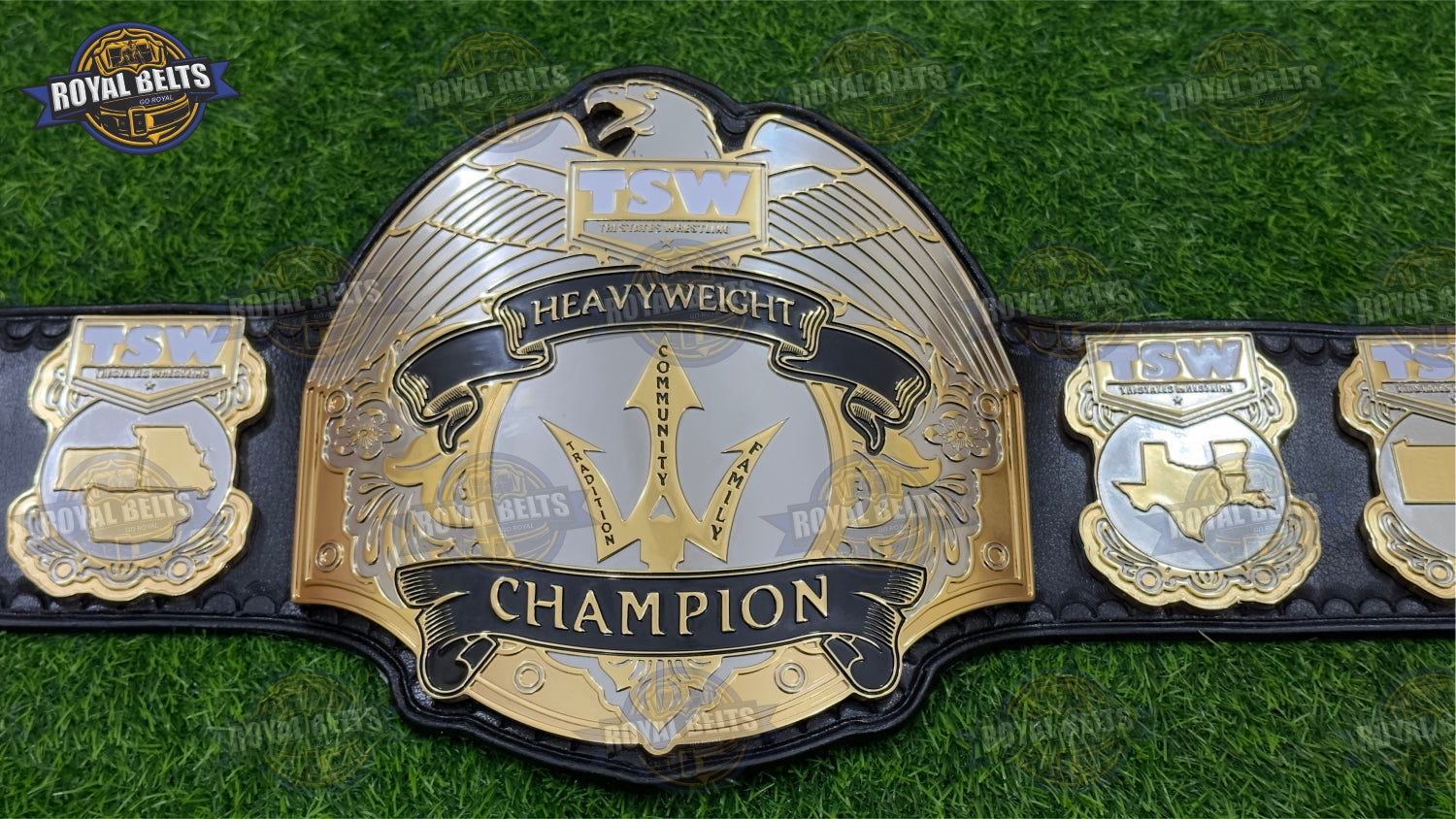 TSW heavyweight title belt featuring HD CNC engraved gold plates and stitched leather Designed by Royal Belts