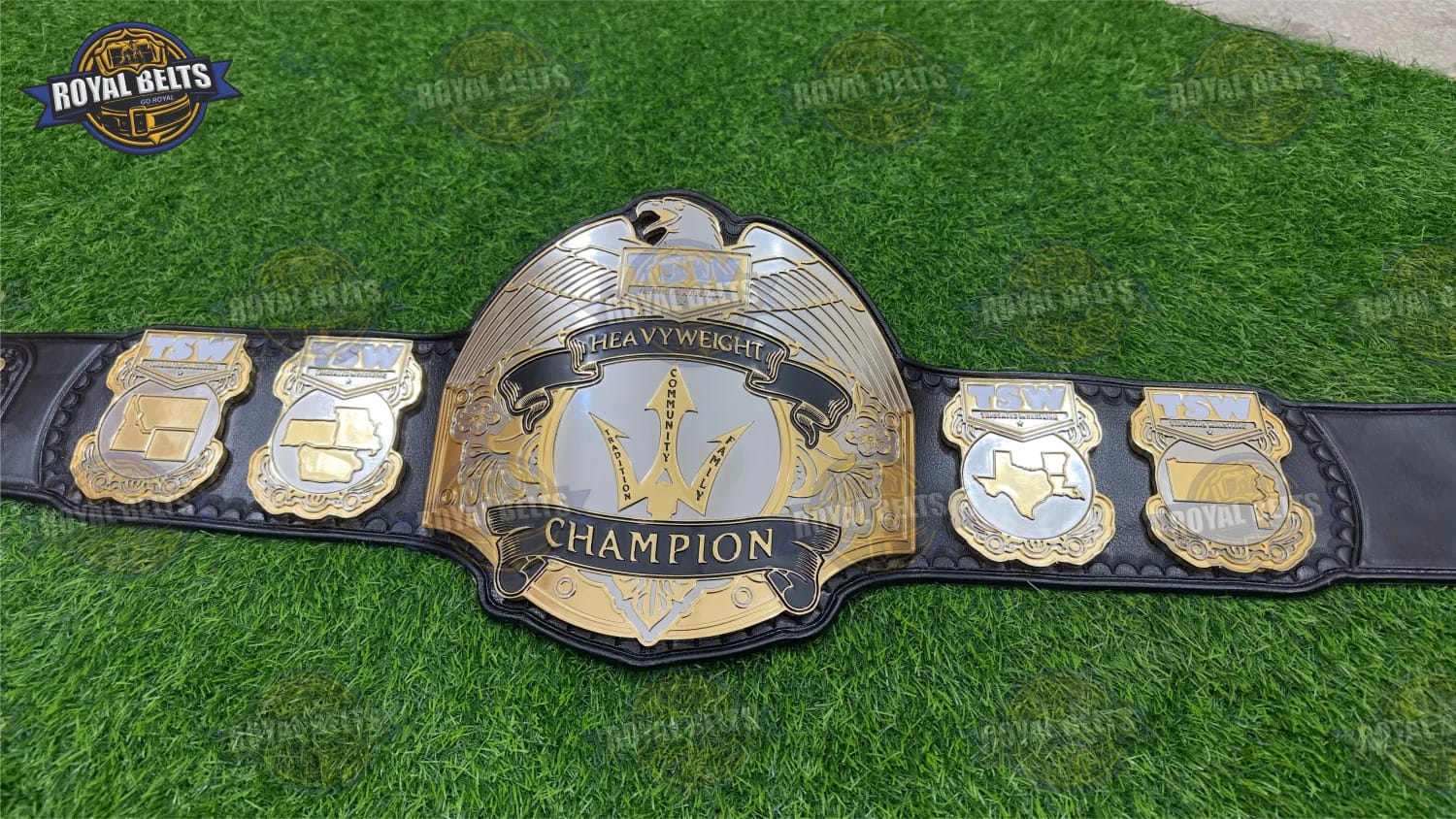 TSW heavyweight title belt with mirror polished center plate and detailed side plates Crafted by Royal Belts