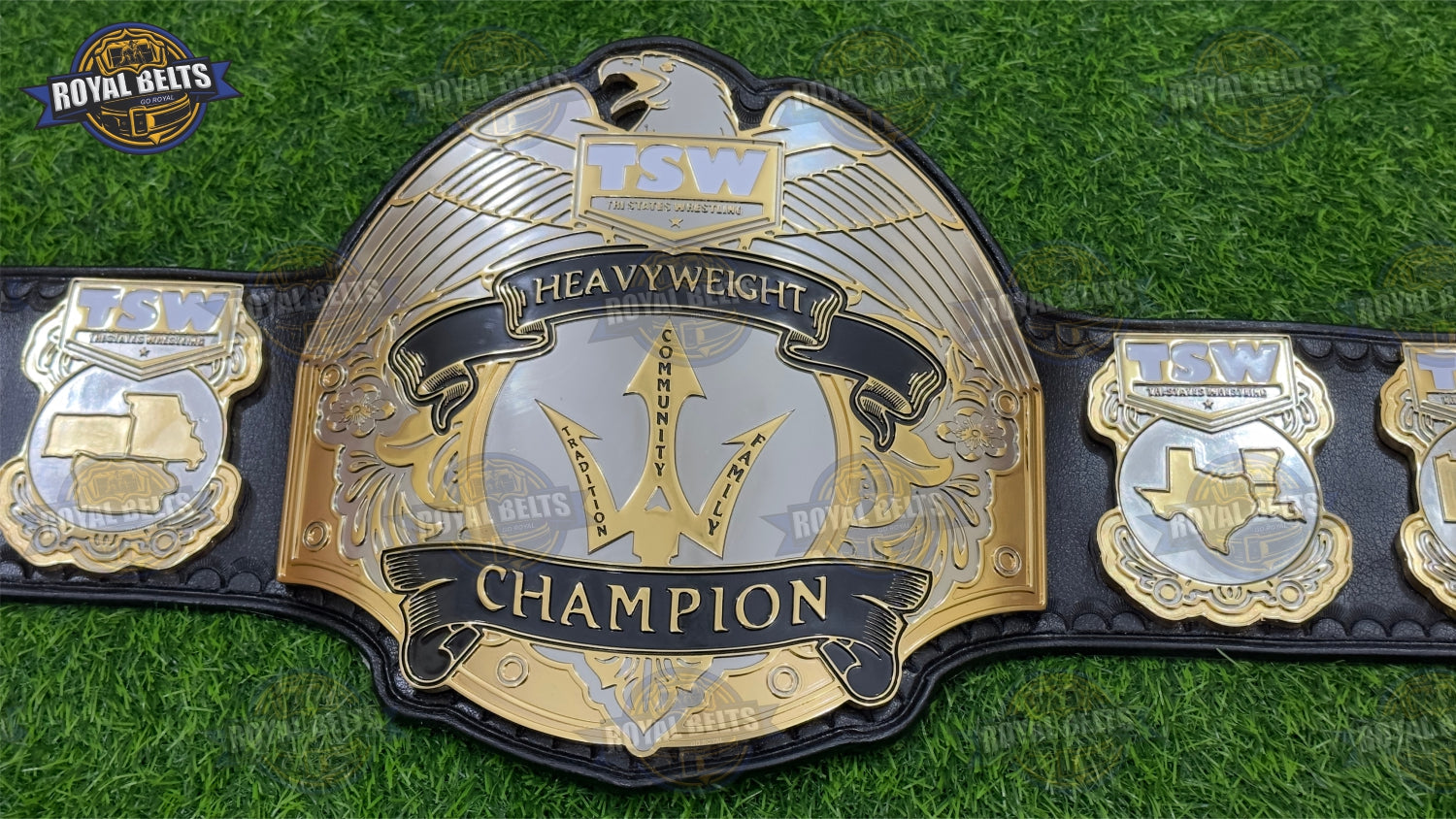 TSW heavyweight championship belt HD with raised logo and premium leather backing Made by Royal Belts