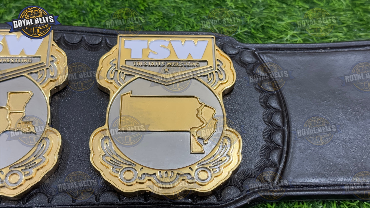 TSW heavyweight title belt with mirror finish gold and detailed side accents