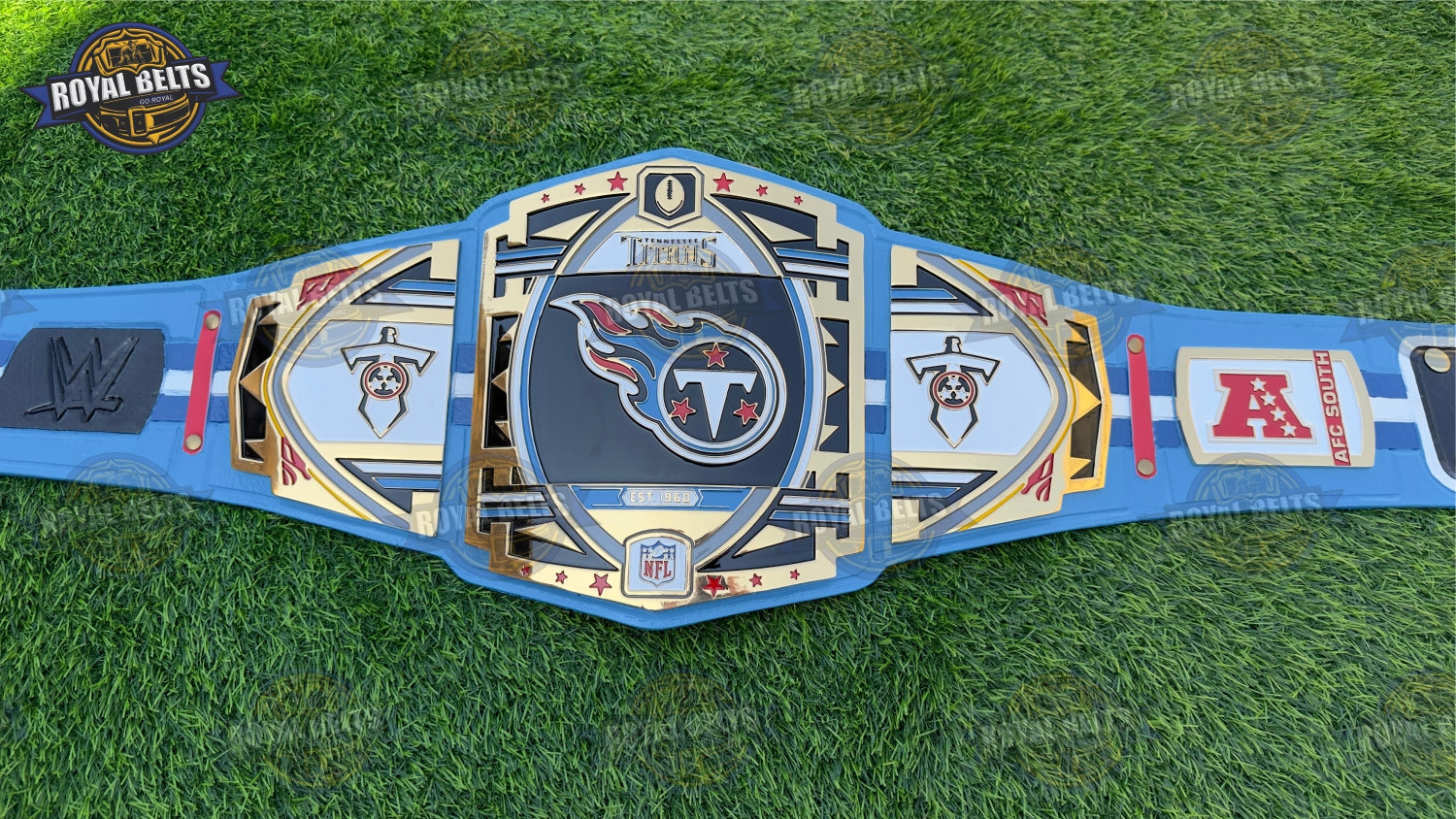 Tennessee Titans Legacy championship belt HD CNC with gold plates , blue leather strap Made by Royal Belts