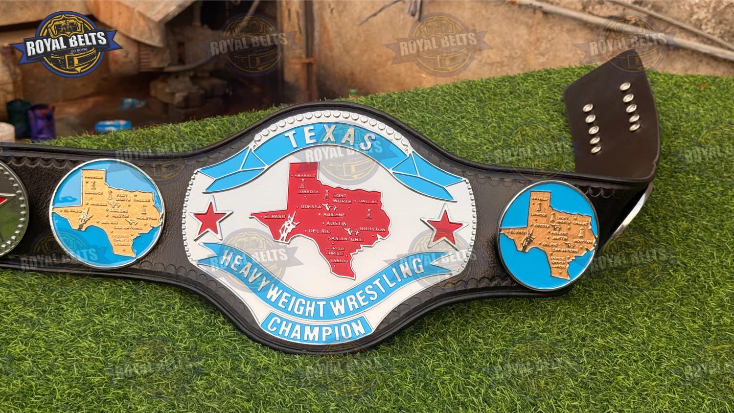 Texas Heavyweight Wrestling Championship HD CNC title belt with chrome plates, black leather strap, engraved logos Manufacture by Royal Belts