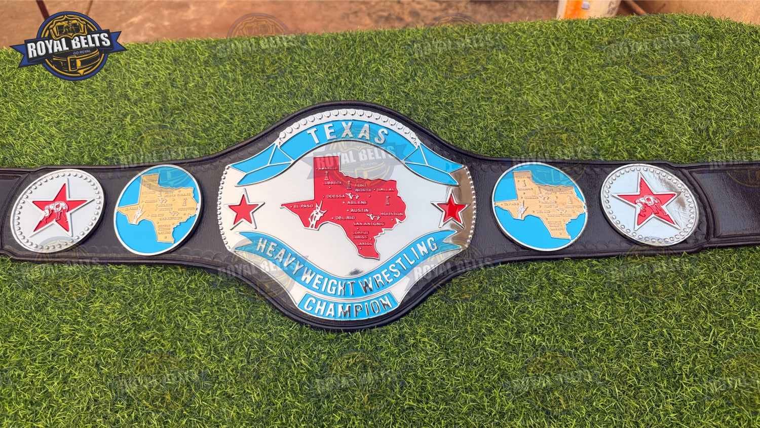 Texas Heavyweight Wrestling Championship CNC title belt HD with layered plates, black cowhide strap, sharp detailing Manufacture by Royal Belts