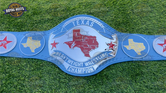 Texas Heavyweight Wrestling Championship Title Belt HD CNC chrome center plate with blue stitched leather strap Designed by Royal Belts