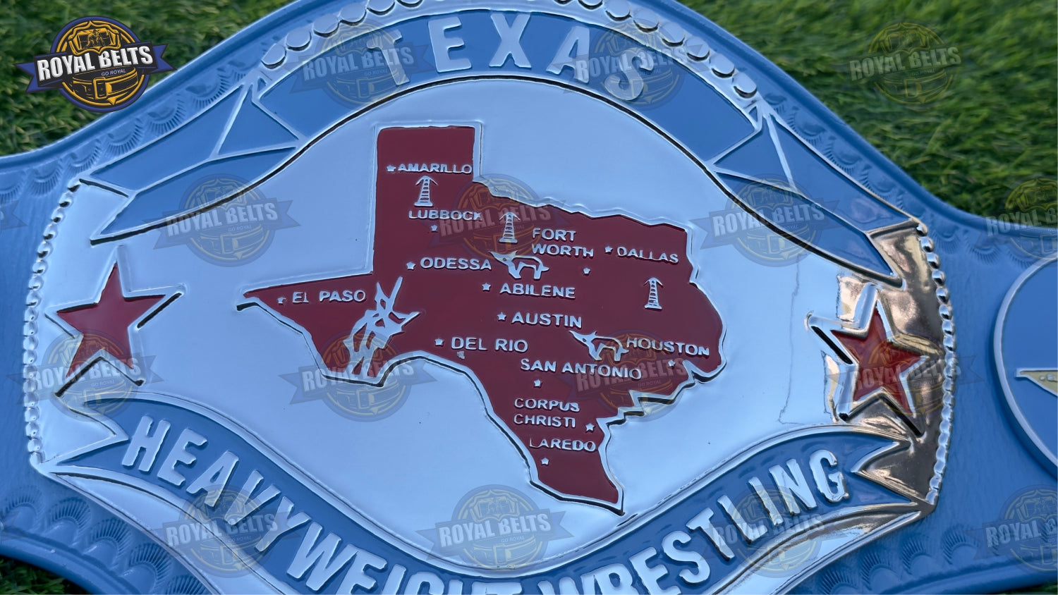 Texas Heavyweight Wrestling Championship Title Belt ornate side plates featuring western scroll artwork