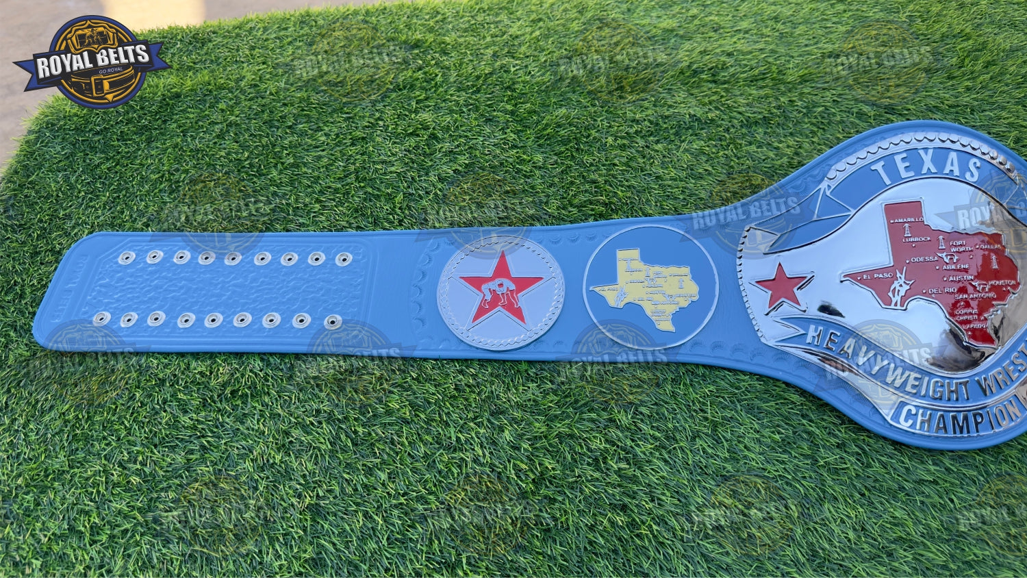 Texas Heavyweight Wrestling Championship Title Belt blue leather strap with polished chrome trim