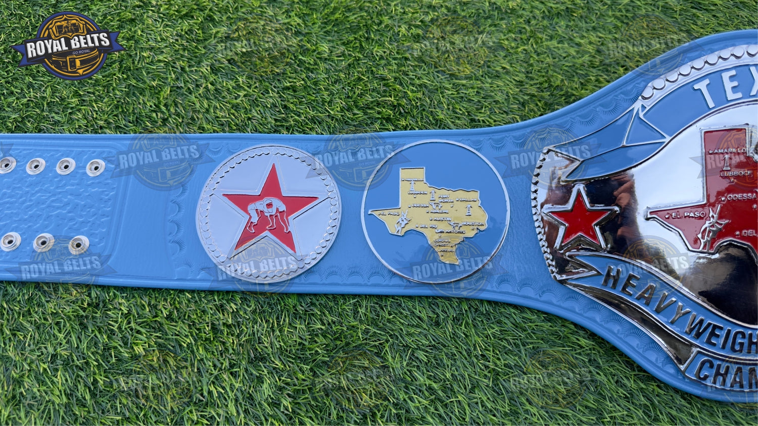 Texas Heavyweight Wrestling Championship Title Belt beveled chrome edges with reinforced snap fasteners