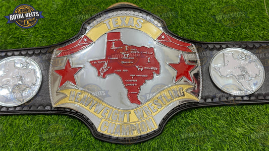 Texas Heavyweight championship belt with dual plated center plate, engraved Texas star, premium black leather strap Made by Royal Belts
