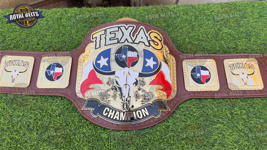 Texas Heavyweight title belt with gold plated center plate, engraved Texas star, premium brown  leather strap Crafted by Royal Belts