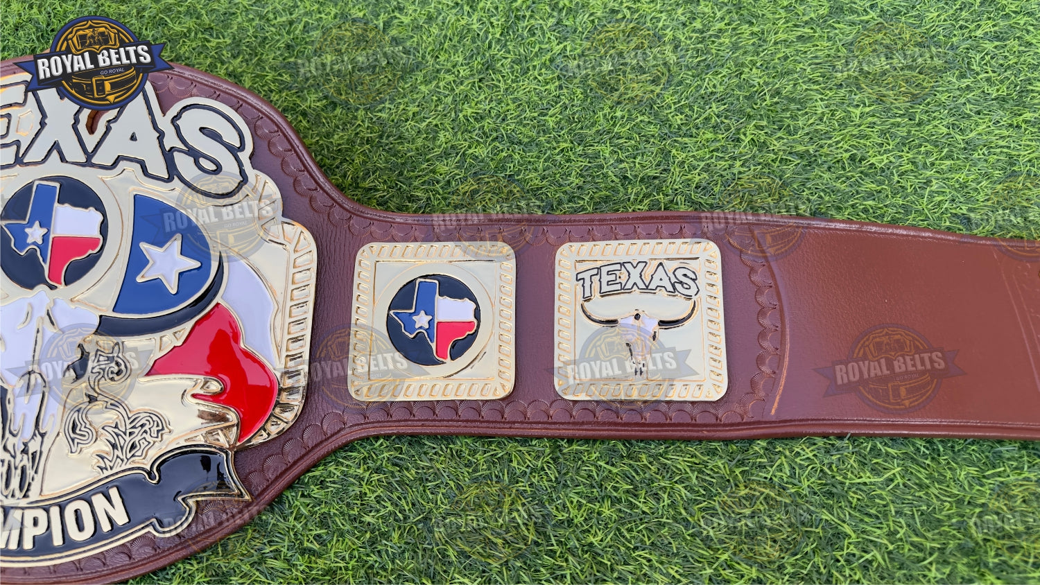 Heavyweight title belt with raised Texas emblem, layered gold plates, premium leather backing