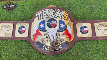 Heavyweight wrestling championship belt featuring raised gold center, mirror polished finish, stitched leather backing Crafted by Royal Belts