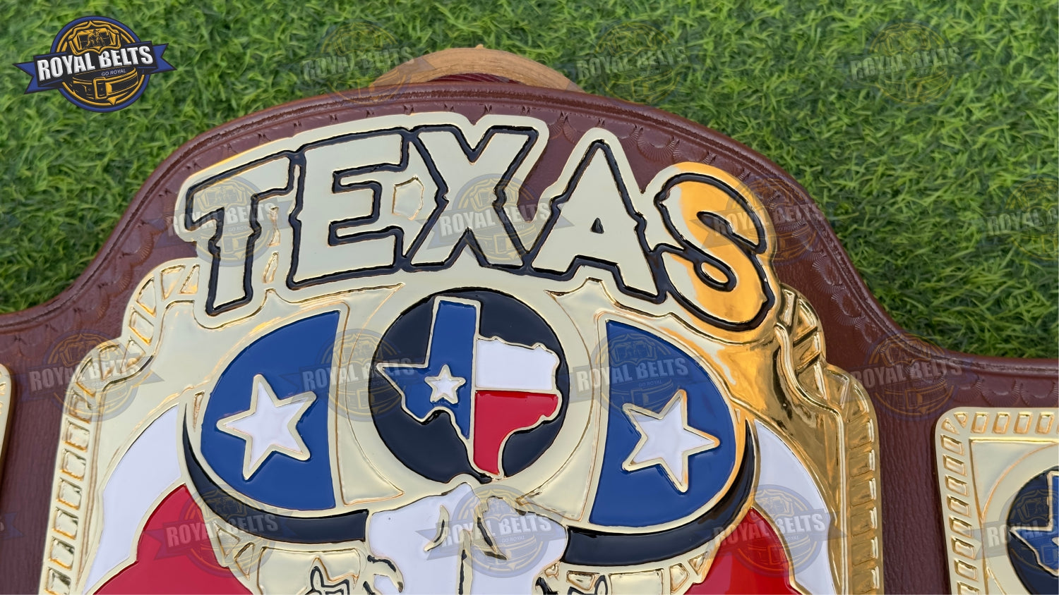 Texas Heavyweight belt with oversized gold center plate, deep engraving, reinforced brown leather strap