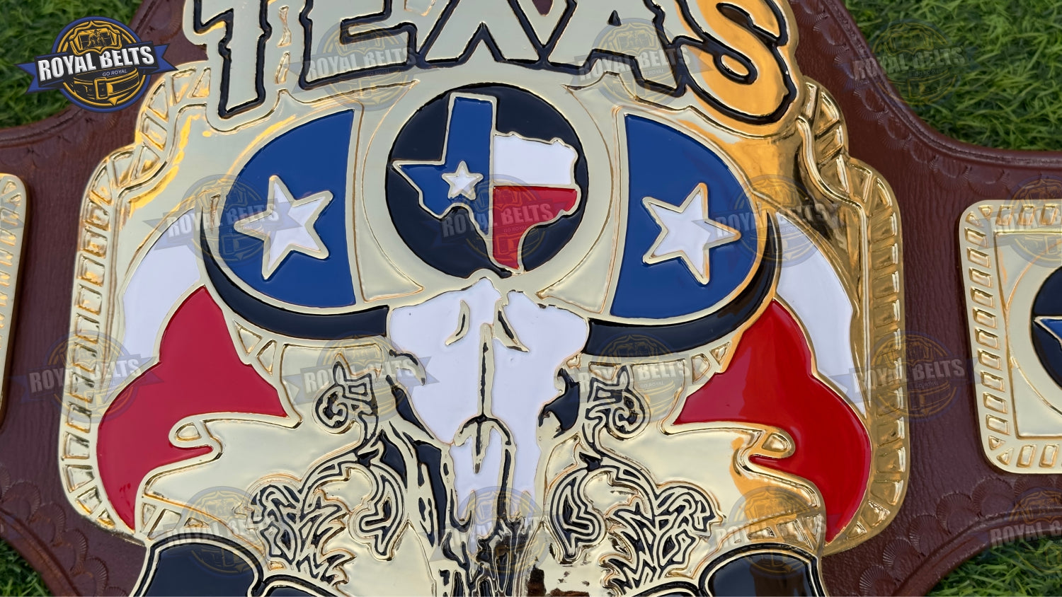 Heavyweight title belt with layered gold plates, high gloss finish, thick stitched leather backing