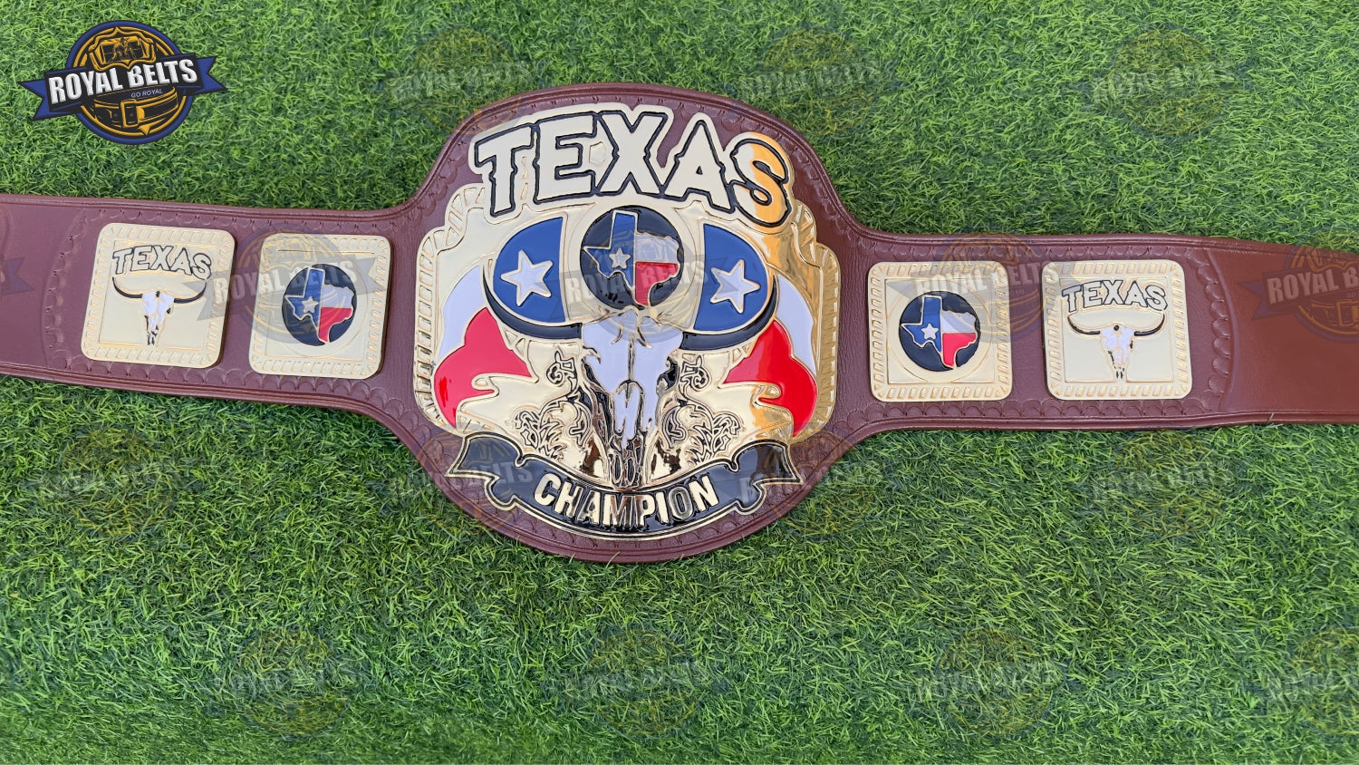 Texas championship belt with ornate side plates, engraved details, durable premium leather strap