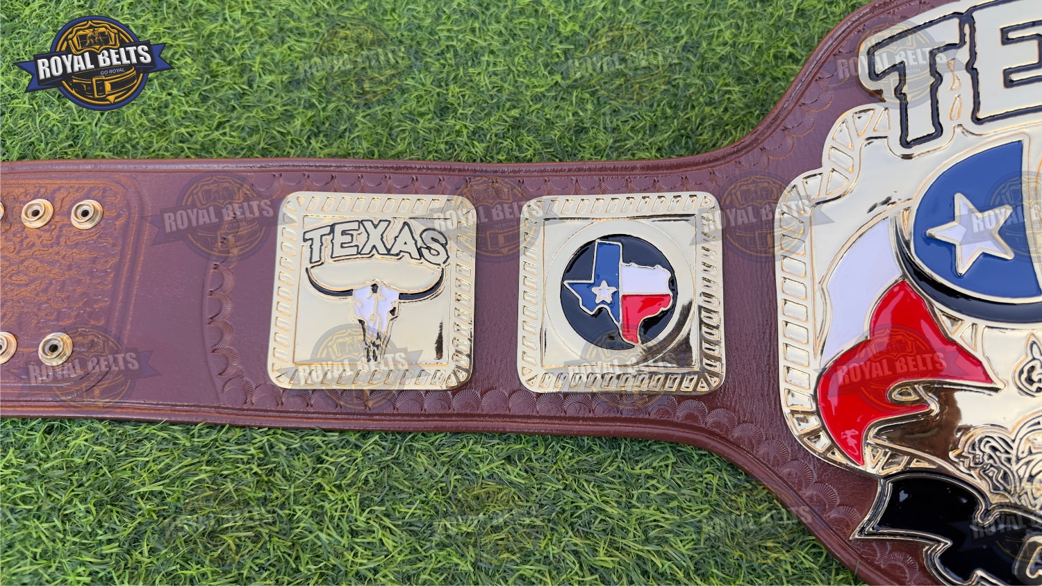 Championship belt with multi layer gold center, etched Texas details, reinforced leather backing