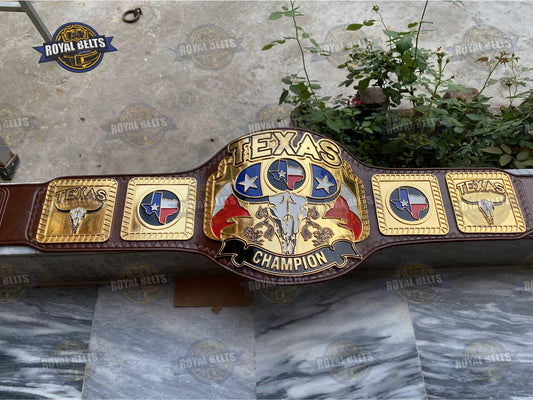 Texas Heavyweight title belt with HD CNC engraved gold center plate, Texas emblem, premium black leather strap Manufacture by Royal Belts