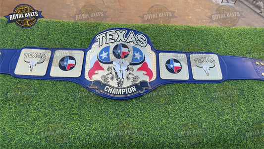 Texas Heavyweight Championship Title Belt with polished gold center plate and blue leather strap Manufacture by Royal Belts