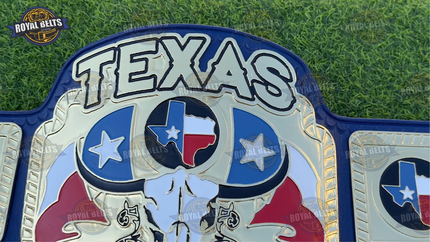 Texas Heavyweight Championship Title Belt with engraved side plates and polished gold centerpiece