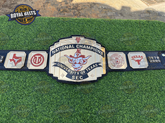 Texas Longhorns Championship Title Belt HD CNC with gold plates, burnt orange accents, leather strap Manufacture by Royal Belts