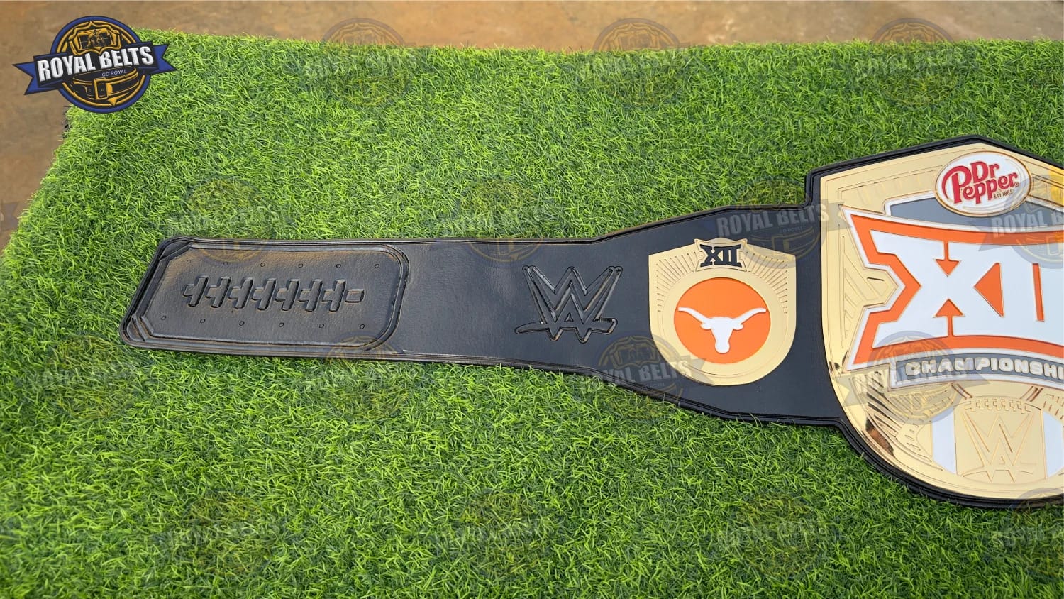 CNC machined Texas Longhorns championship belt with gold plated metal , leather backing