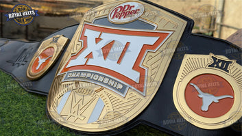 Texas Longhorns CNC championship title belt featuring engraved metal plates and black leather Made by Royal Belts