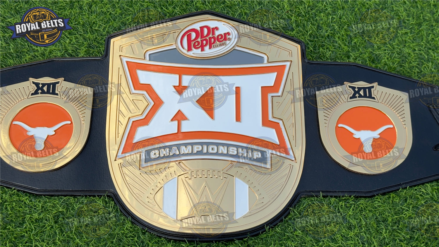 Texas Longhorns title belt replica with HD CNC gold center plate, adjustable leather strap Made by Royal Belts