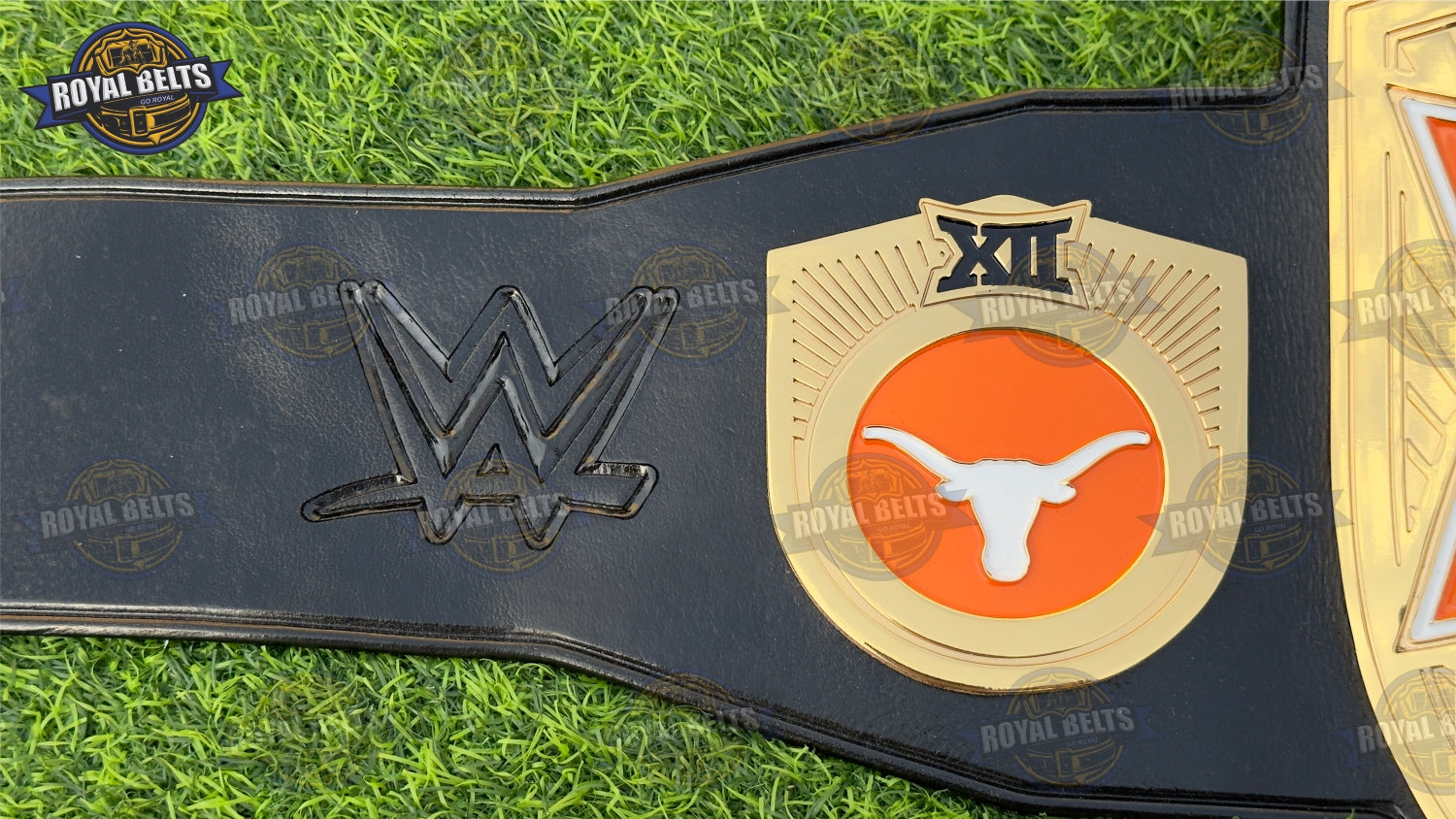 Texas Longhorns championship title belt with polished CNC plates, snap closure strap