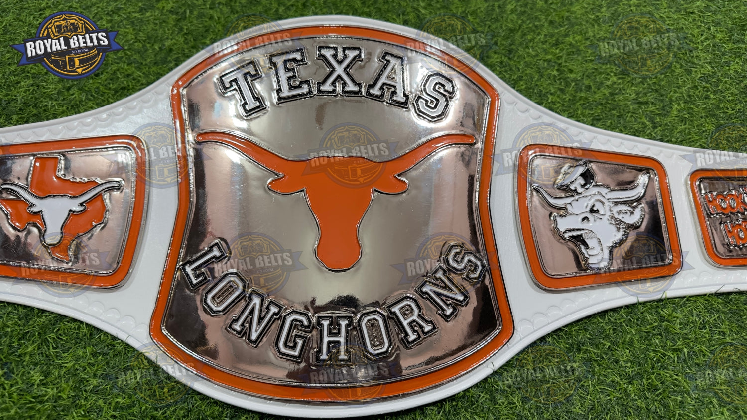 Texas Longhorns National Championship Title Belt with polished chrome center plate and white leather Manufacture by Royal Belts