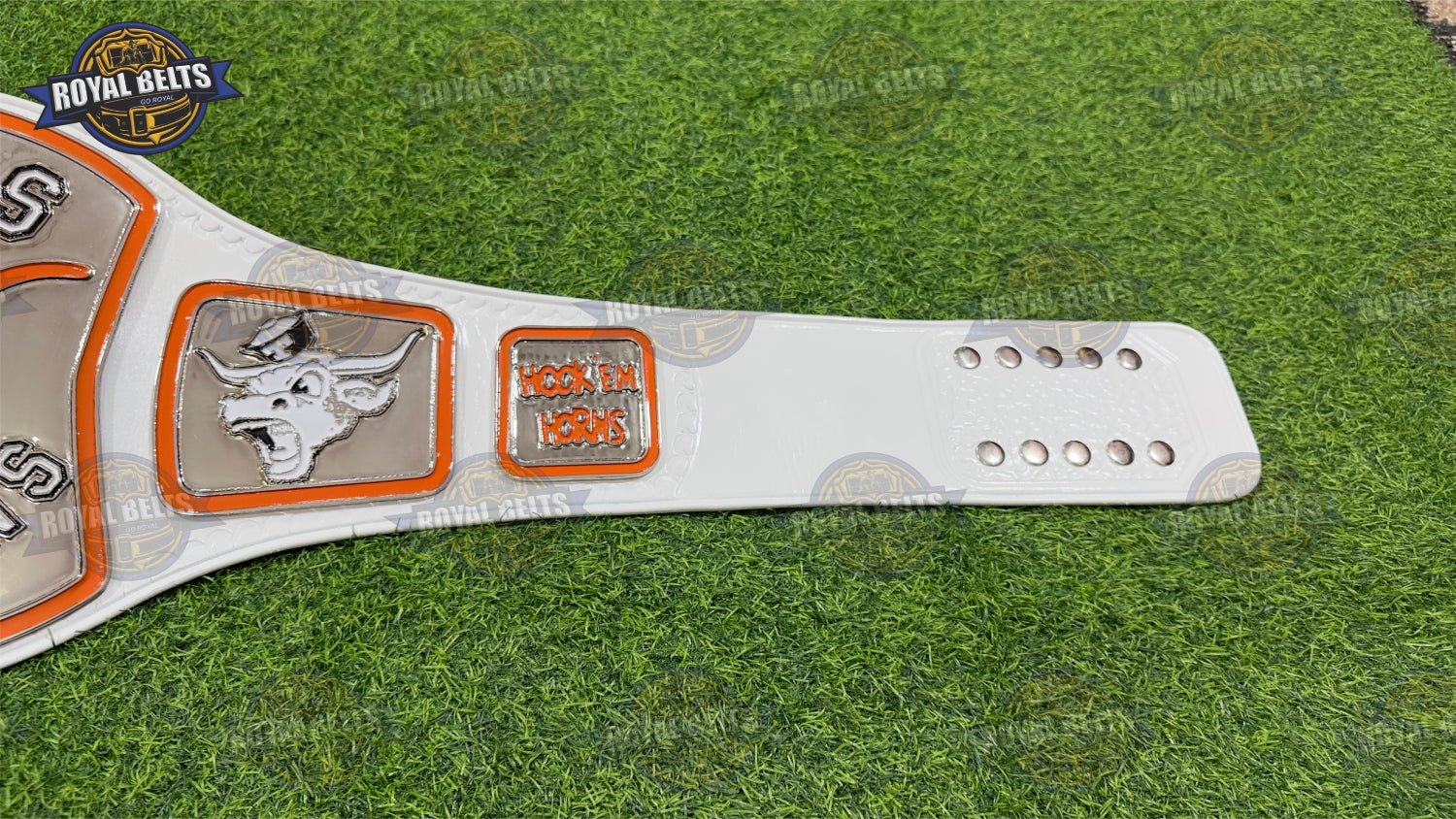 Texas Longhorns Title Belt with thick metal plates and beveled edges