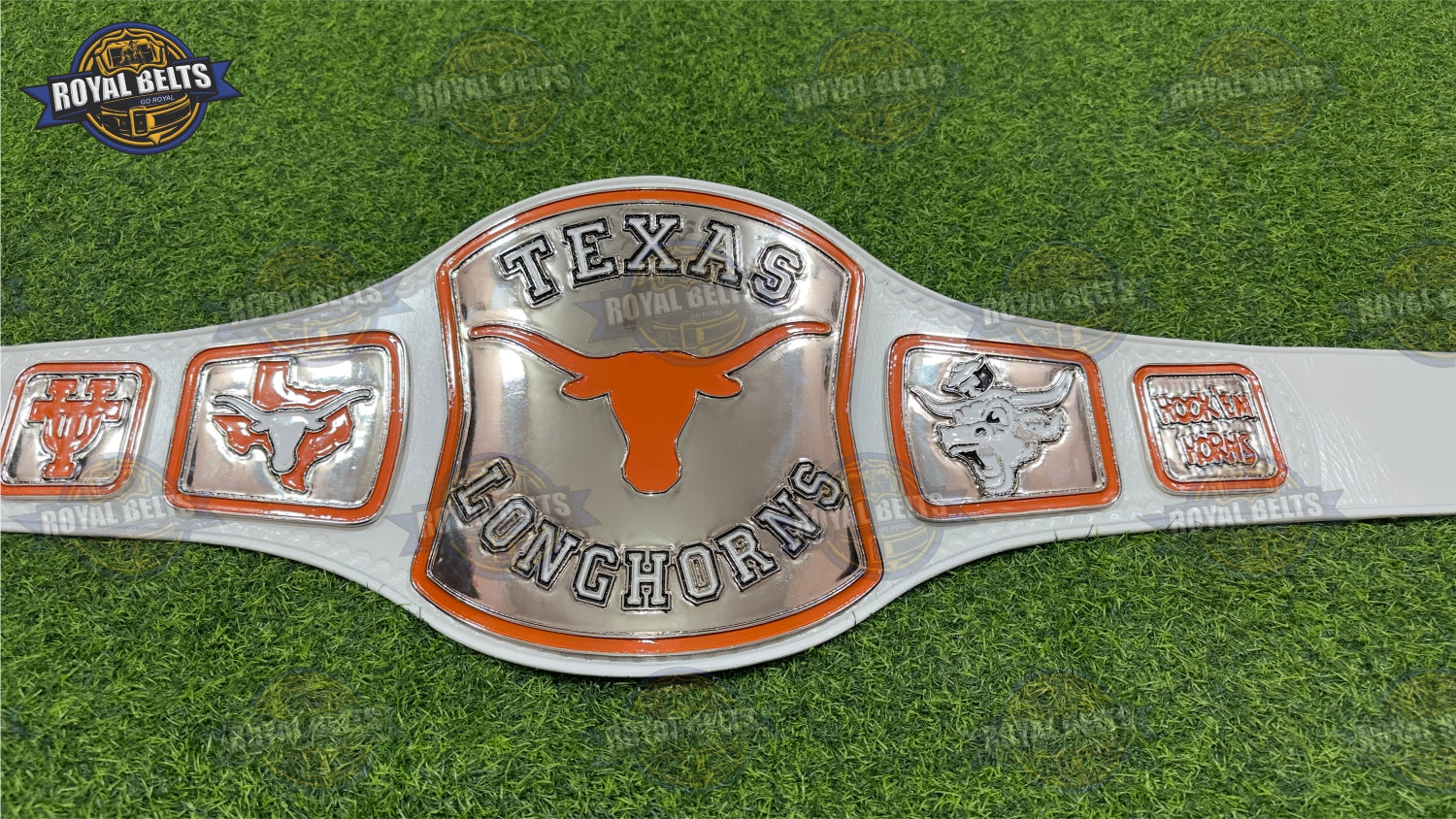 Texas Longhorns Title Belt with thick chrome plates and premium stitched leather backing Crafted by Royal Belts