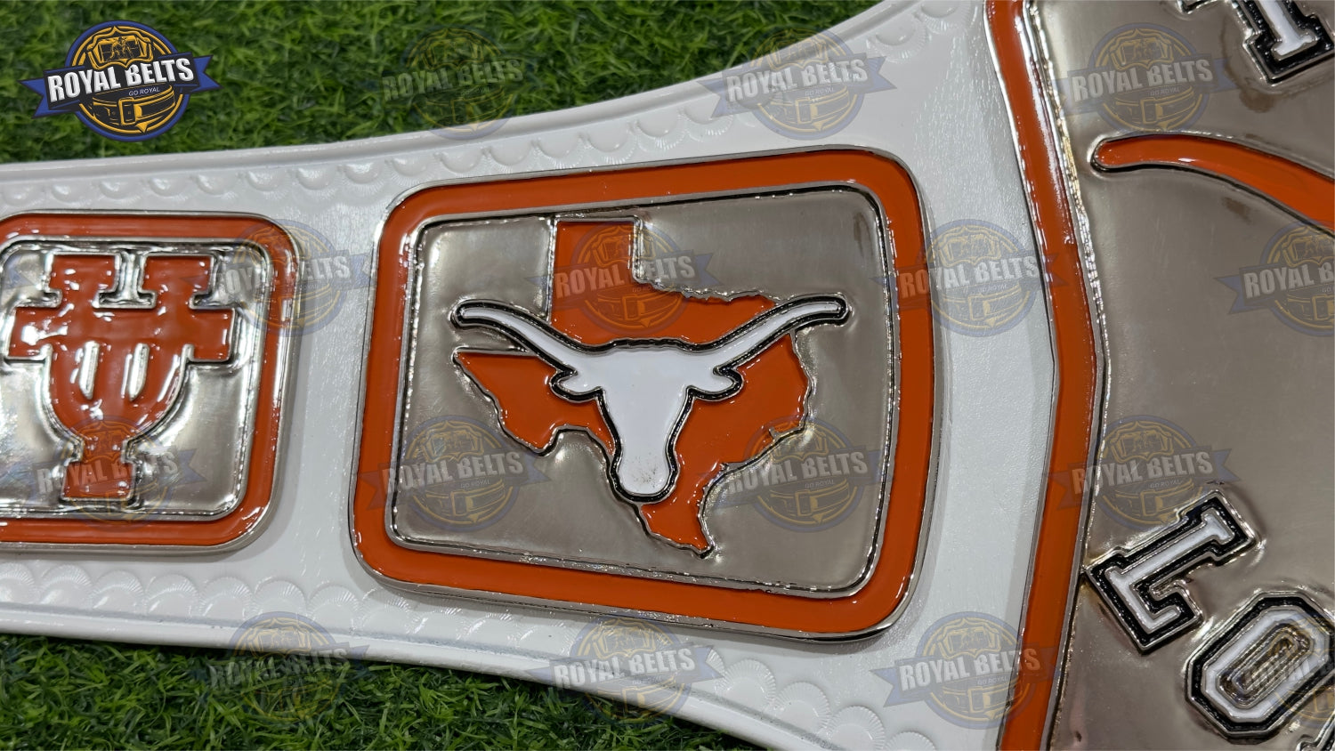 Texas Longhorns Belt showcasing raised lettering and detailed engraving Made by Royal Belts
