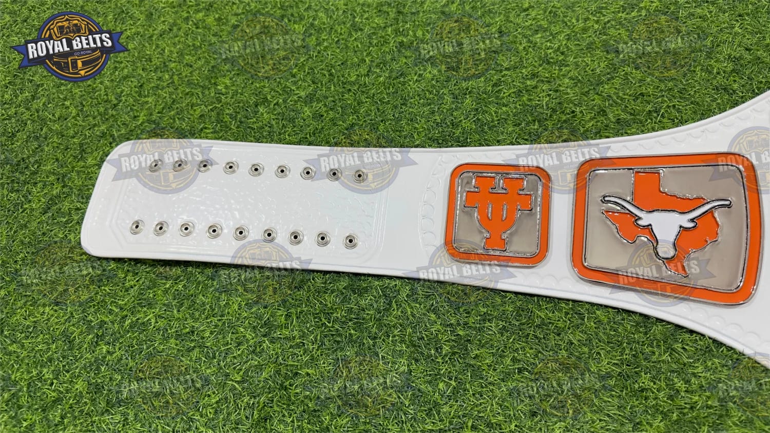 Texas Longhorns Championship Belt featuring high detail chrome plates and white leather strap