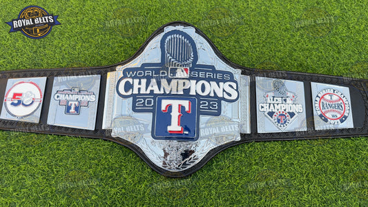 Texas Rangers 2023 World Series title belt with chrome plated center plate, black leather strap Manufacture by Royal Belts