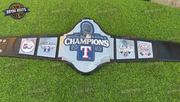 2023 World Series championship belt featuring engraved Texas Rangers logo, polished zinc, stitched leather Manufacture by Royal Belts