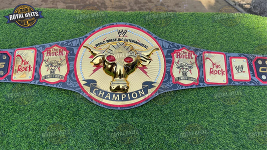 The Rock Brahma Bull World Heavyweight Belt with polished gold center plate and printed leather strap Manufacture by Royal Belts
